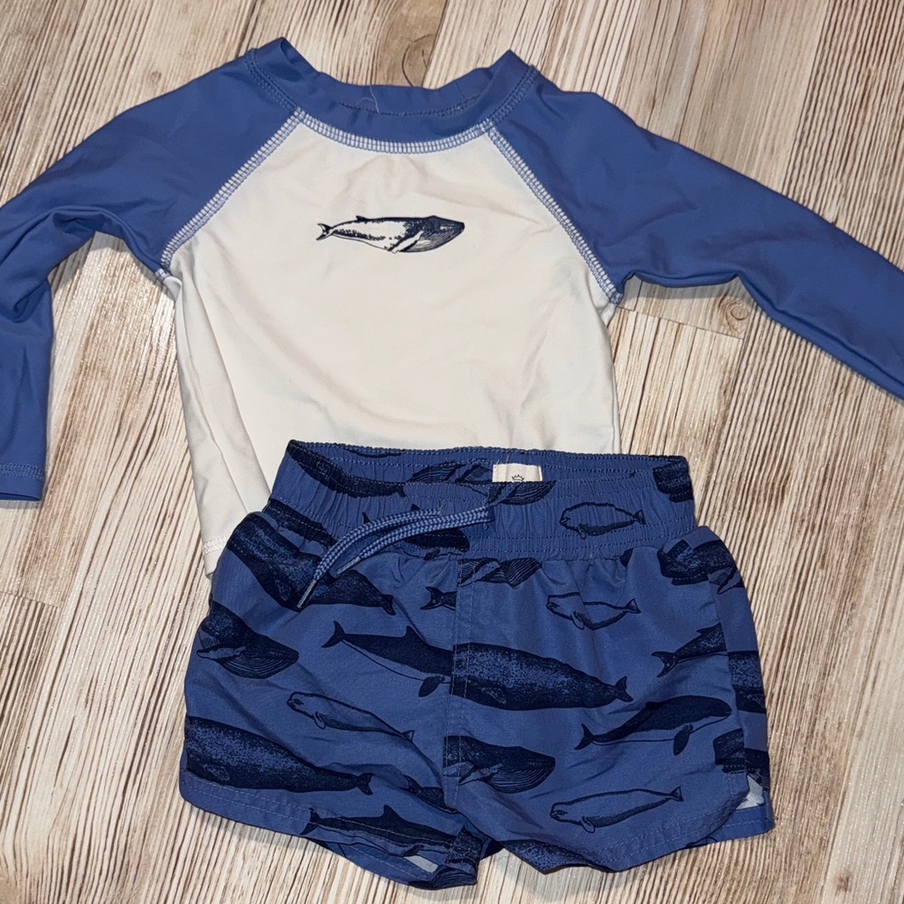 18 month - Starting Out Blue and White Fish Print Kids Rashguard Set